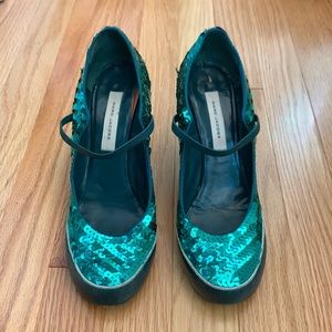Marc Jacobs Sequin Emerald Green Mary Jane Heels 39.5
